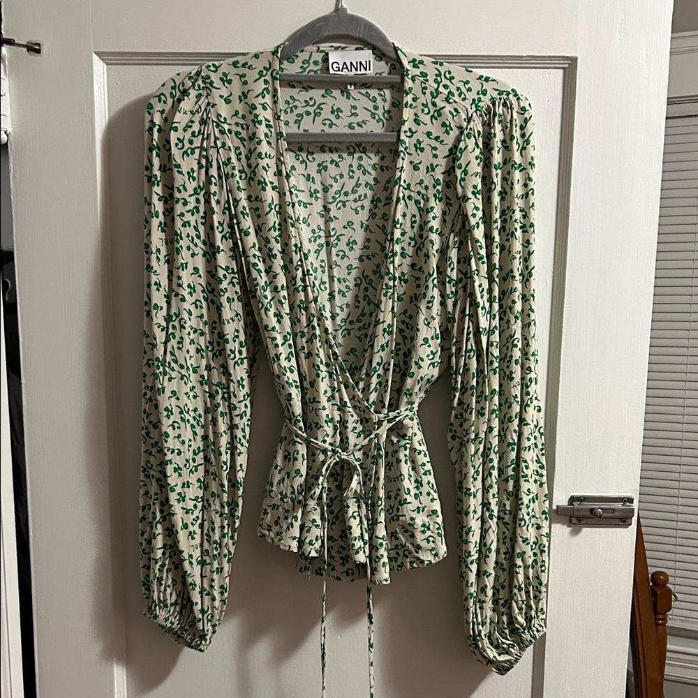 Ganni Cream and Green Floral Blouse